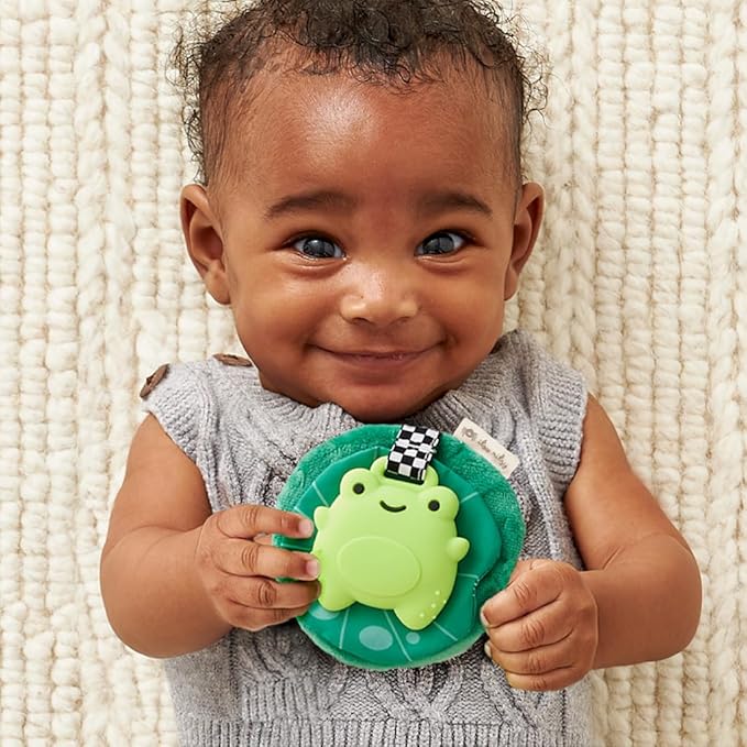 Itzy Ritzy Crinkle Teether Toy – Silicone Frog Teething Toy with Crinkly Lilypad & Plush Velour Layer; Features Multiple Textures for Teething Relief; Designed for Ages 3 Months and Up (Frog)