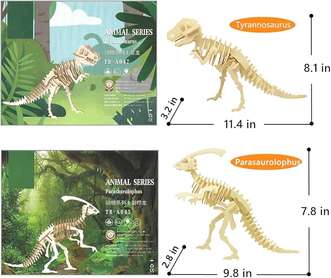3D Wooden Dinosaur Puzzle - 6 Piece Set Wood Dinosaur Skeleton Model Puzzle - DIY Wooden Crafts 3D Puzzle - STEM Toys Brain Teaser Puzzle Gifts