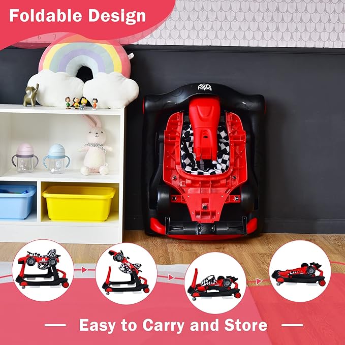 BABY JOY 4-in-1 Baby Walker, Foldable Activity Walker with Adjustable Height & Speed, Music, Lights, Anti-Rollover, Toddler Push Walker, Baby Walker with Wheels for Boys Girls 6-18 Months (Red)