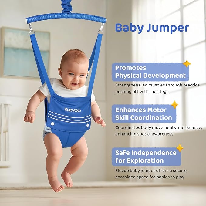 Slevoo Baby Jumper, with Ceiling Hook, Space Saving Jumper for Baby 6-12 Months, Infant Jumper for Small Spaces, Blue