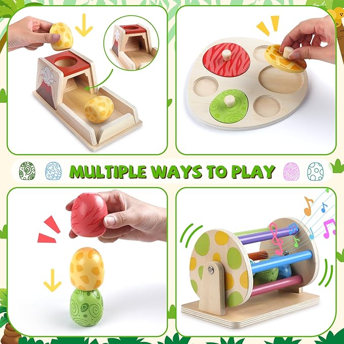 Montessori Toy Wooden Baby Toy Dinosaur Egg Toy, Spinning Drum, Object Permanence Box Ball Drop Toy, Stacking Matching Shape Puzzle Game Early Learning Gift Christmas Birthday for Toddlers