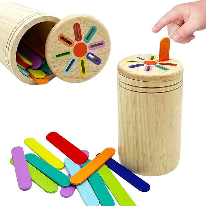 Wooden Montessori Sticks Toys for Kids, 8 Colors Natural Wood Toddler Learning Sorting Toys for 3 Year Old, Sensory Matching Game Birthday Gifts for Boys Girls (Ice Cream Sticks)