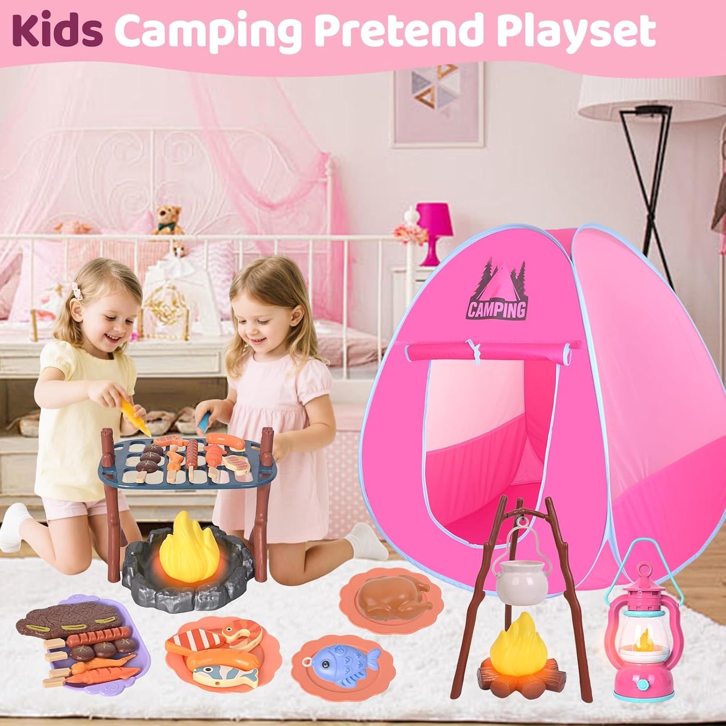 Camping Set Toys with Pop up Tent Pretend Play Indoor Outdoor Camping Playset,Christmas Birthday Gifts for Toddlers Kids Girls 3-5 Years Old