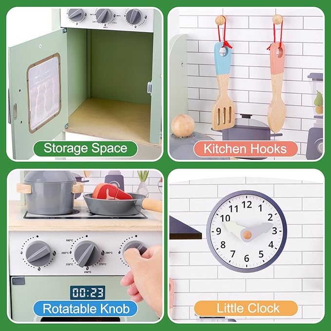 Wooden Play Kitchen for Toddlers 1-3, Kids Children Pretend Toy Kitchen Playset, Toys Kitchen with Realistic 24 Pieces Toy Accessory, Cutting Play Food Toys Gifts for Ages 3-8 Girls Boys