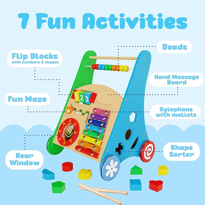 Wooden Baby Walker with Activity Center for Toddler Boys & Girls - Montessori Baby Push Walker Toy with Adjustable Speed - Baby Walker with Wheels for Kids Development by KIDDERY TOYS