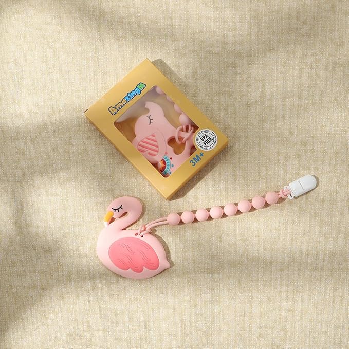 Baby Food Grade Silicone Teether Toy with Pacifier Clip Holder,Teething Toys Gift Set for 3 Months+ Boys and Girls,Freezer Safe,BPA Free. (Pink Flamingo)