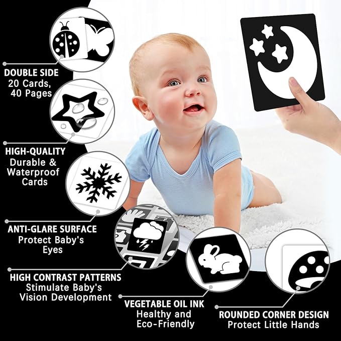 High Contrast Baby Cards for Infants, Black and White Baby Cards High Contrast Baby Toys for Newborns Visual Stimulation Brain Development Learning 20 Pcs 40 Pages 5.7'' x 5.7'' （0-3 Months）
