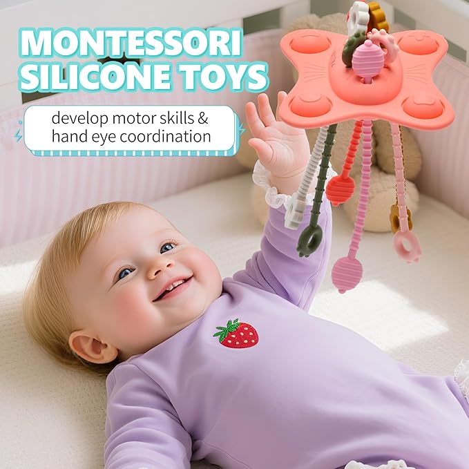 Silicone Montessori Sensory Toys for 18 Months Baby, Drawstring Activity Toy, Early Learning Fine Motor Skills Toys, Car Seat Airplane Travel Teething Toys (Pink)