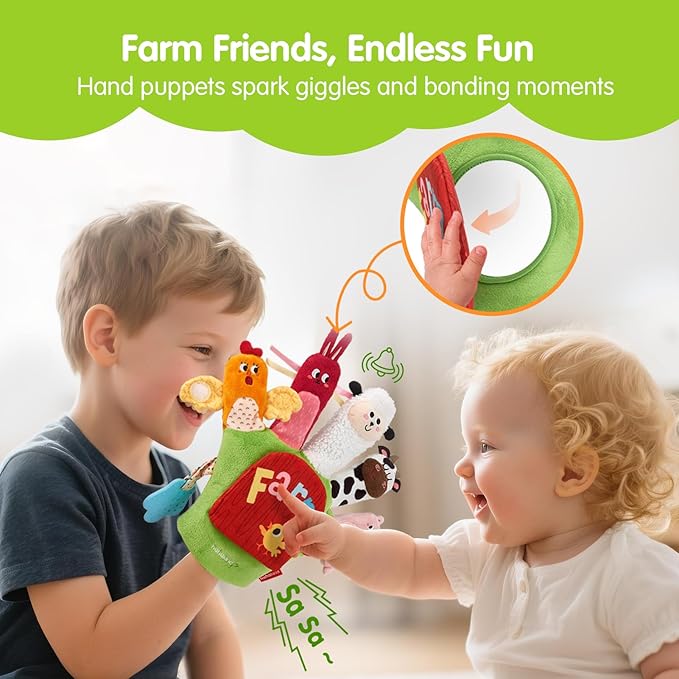 hahaland Baby Sensory Toys 6-12 Months – Montessori Farm Animal Hand Puppets with Rattle, Crinkle, Teether, Mirror – Multi-Sensory Infant Toys for Boys and Girls, Ideal Birthday Christmas Gift