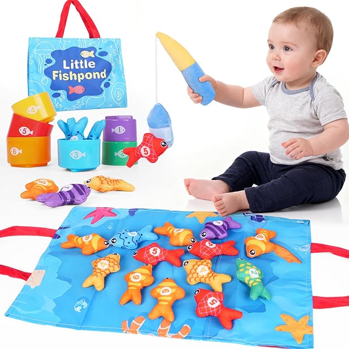 29PCS Montessori Toddler Toys for Baby Boy Girl, Cloth Fishing Game Set with Stacking Cups, Learning Toys for Number & Color Sorting, Birthday Toys Gifts for Babies Toddlers