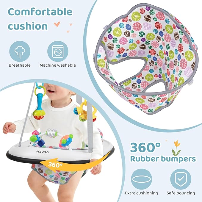Slevoo Baby Jumper, Baby Door Jumper with Bumper, Play Tray and Two Jingle Rattles, Joyful Bubbles