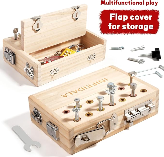 Montessori Busy Board Toddler Toys for Ages 3+ - Wooden Sensory Latches Board with Lock & Key & Kid Tool Screwdriver Set, Preschool Educational Toy - Fine Motor Skills - STEM Learning Toys