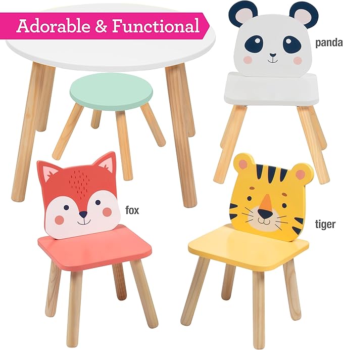 Kids Wooden Animal Table & Chair Set w 4 Seats- Tiger Panda Fox & Adult Stool for Xmas Arts Crafts, Dining, Pretend Play- Durable Playroom Furniture for Home Daycare Classroom- Toddler Activity Center