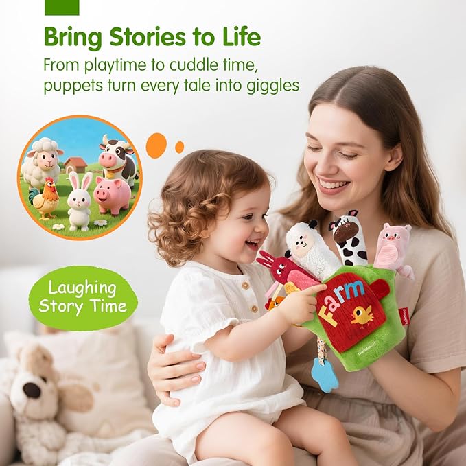 hahaland Baby Sensory Toys 6-12 Months – Montessori Farm Animal Hand Puppets with Rattle, Crinkle, Teether, Mirror – Multi-Sensory Infant Toys for Boys and Girls, Ideal Birthday Christmas Gift