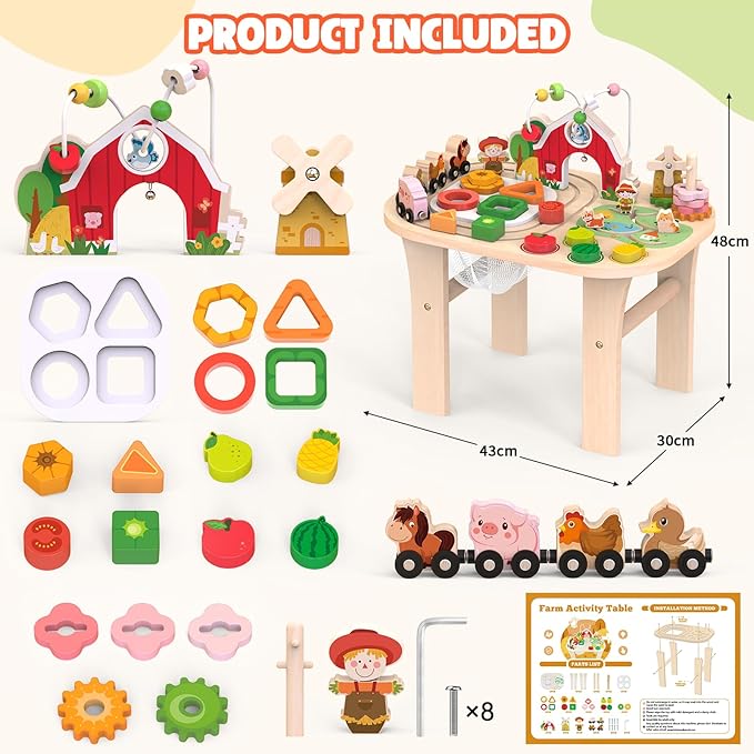 Activity Table for 1 Year Old, Baby Wooden Sensory Table with Bead Maze Shape Sorter Train Track for Toddler, Farm Montessori Toy Activity Center Educational Learning Toys for Kids 12+ Months