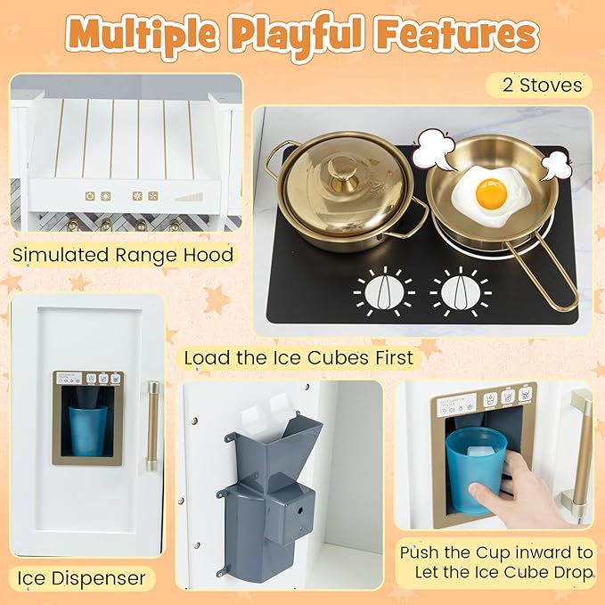 HONEY JOY Play Kitchen, Wooden Toy Kitchen Set with Coffee Maker, Microwave, Range Hood, Ice Maker, Stove, Dish Rack, Cookware, Pretend Play Kids Kitchen Playset for Toddler Boys Girls (White)