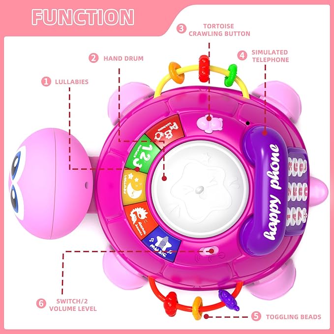 Hanayo Baby Musical Turtle Crawling Girl Toys for 6-18 Months，Infant Early Learning Educational Toy，Baby Girl Gift Essentials for Newborn 7 8 9 11+ Months 1-2 Year Old(Pink)