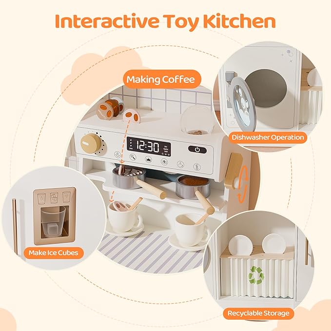 JOYMOR Wooden Play Kitchen w/Coffee Machine, Plenty of Play Pretend Kitchen Accessories, Kids Play Kitchen Design, Best Gift for Ages 3+ (Cream&Gold)