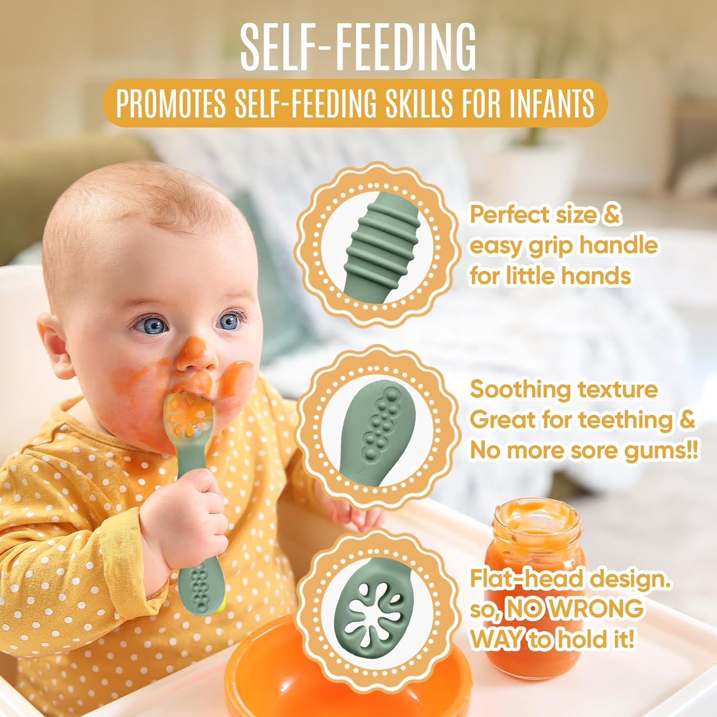 4pc Silicone Baby Spoons Self Feeding Baby Utensils 6-12 Months - 3 Baby Spoon - 1 Baby Fork - Toddler Cutlery Set - BPA Free, Dishwasher Safe - Baby Eating Essentials (Green/Yellow) - Small