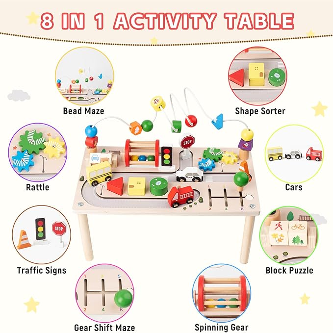 Activity Table for 1 Year Old, 8 in 1 Multi-Colorful Montessori Toys, Baby Activity Table with Bead Maze & Shape Sorter, Toddler Sensory Educational Learning Toys for Birthday Gift Boys Girls