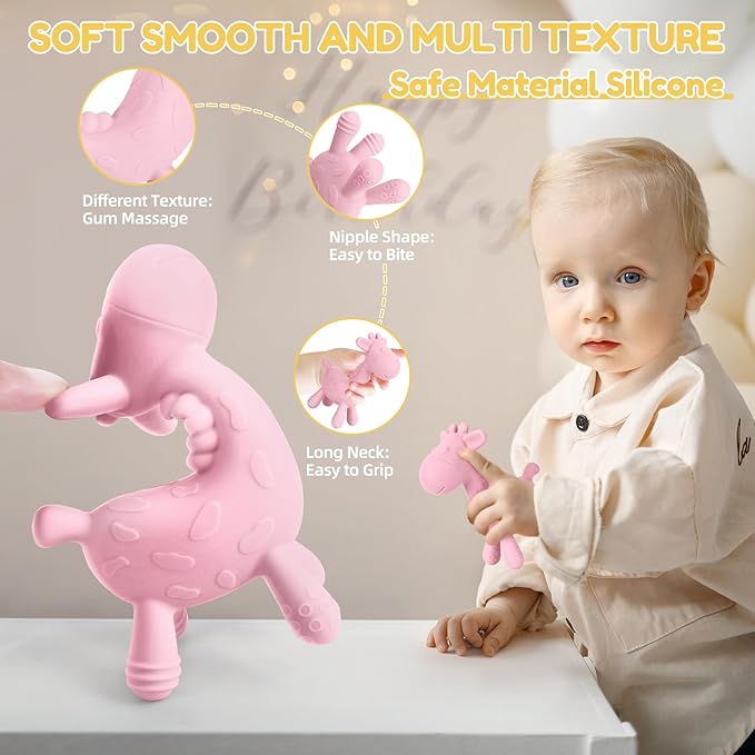 TYRY.HU Baby Teething Toys for Babies 0-6 6-12 Months,BPA Free Silicone Giraffe Teethers for Babies 3-6 months, Soft Chew Toys for Sore Gum, Montessori Sensory Toys Gifts for Infant Boys Girls, 4 Pack