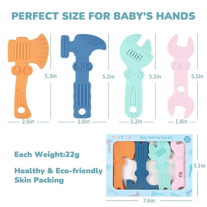 TYRY.HU Baby Teething Toys for Babies, Baby Teether Toys, BPA Free Silicone Baby Molar Teether Chew Toys, Hammer Wrench Spanner Pliers for Boys Girls, Soft-Textured, Easy to Hold & Clean, 4 Packs