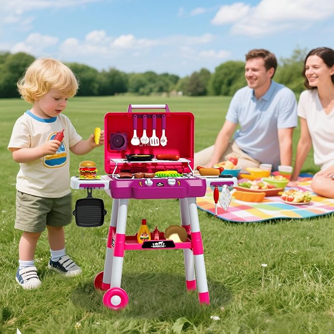 Kid Toy Grill, BBQ Grill Playset with Light Sound, Smoke Effect and 2 Wheels, Pretend Food, Little Chef Play Kitchen Accessories, Christmas Birthday Gifts for Boys Girls Ages 3 4 5 6 7 8