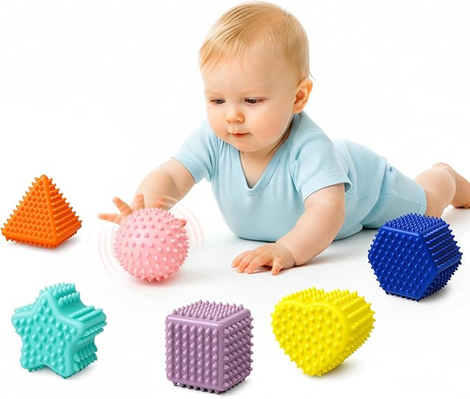 Baby Sensory Balls, Montessori Toys Soft Baby Balls 6 to 12 Months Textured Geometric Shapes for Babies' Sensory Development, Multicolor Bath Gifts Spiky Squeeze Ball for Infant Kids