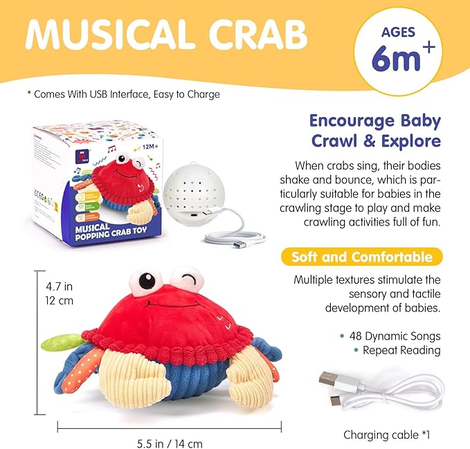 hahaland Baby Toys 6+ 12-18 Months - Crawling Musical Dancing Walking Moving Bouncing Learning Crab Tummy Time Toy Sensory Toddler Toys for 1-3 Year Old Christmas Birthday Gifts Stocking Stuffers