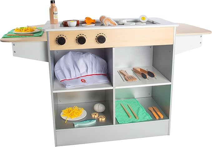 Hibachi Grill Wooden Kids Playset w/ Stools, Table Settings and Over 25 Toy Food Pieces - Noodles, Tongs, Meats, Veggies - Everything Your Little Chef Needs for Pretend Play Indoor Japanese Restaurant