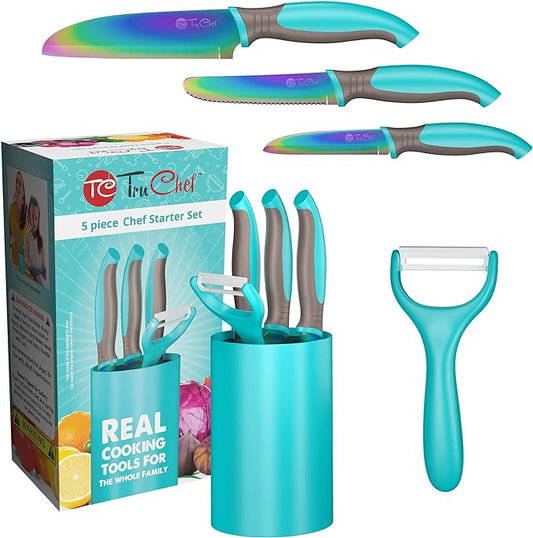 5-Piece Kids Cooking Chef Knife Set | Real Stainless Steel Knives with Peeler, Serrated Knife & Holder | Kids Safe Rounded Tips, Easy-Grip Handles | Kitchen Knife Set (5 pcs, Aqua)