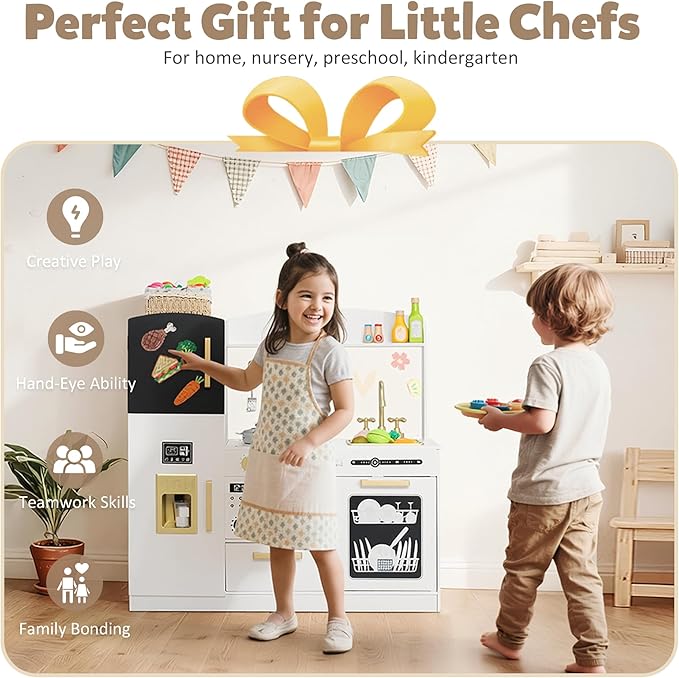 Pretend Kitchen Playset for Kids, Interactive Play Kitchen Wooden Toy Set w/Realistic Design, Sink, Microwave, Ice Maker, Dishwasher, Toddler Cooking Set Toy for Ages 3+, White