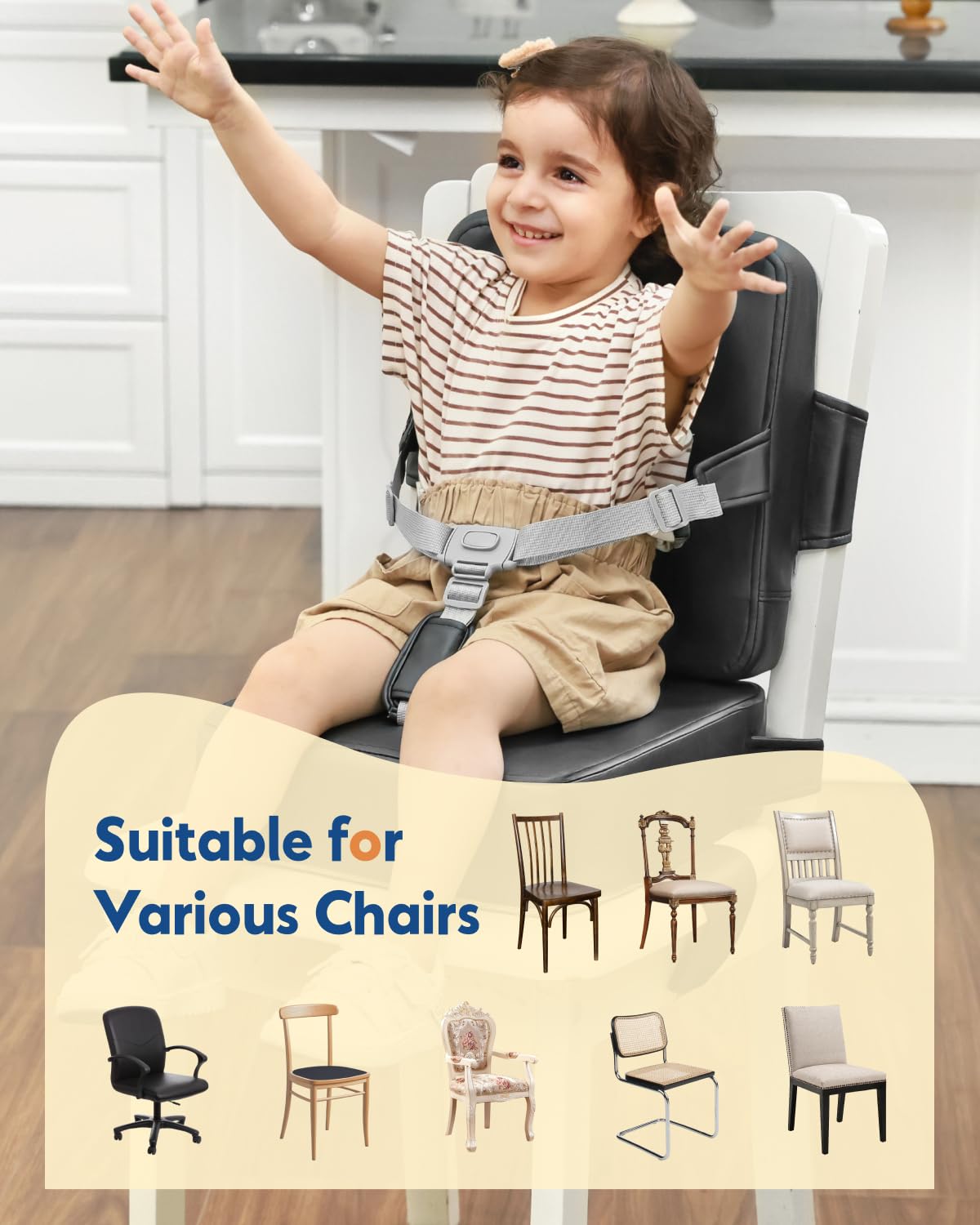 HOMEAL Booster Seat for Kitchen Chair - Toddler Booster Seat for Dining Table - Dining Seat with Adjustable Straps - Non-Slip Base & Breathable Fabric - Dark Gray