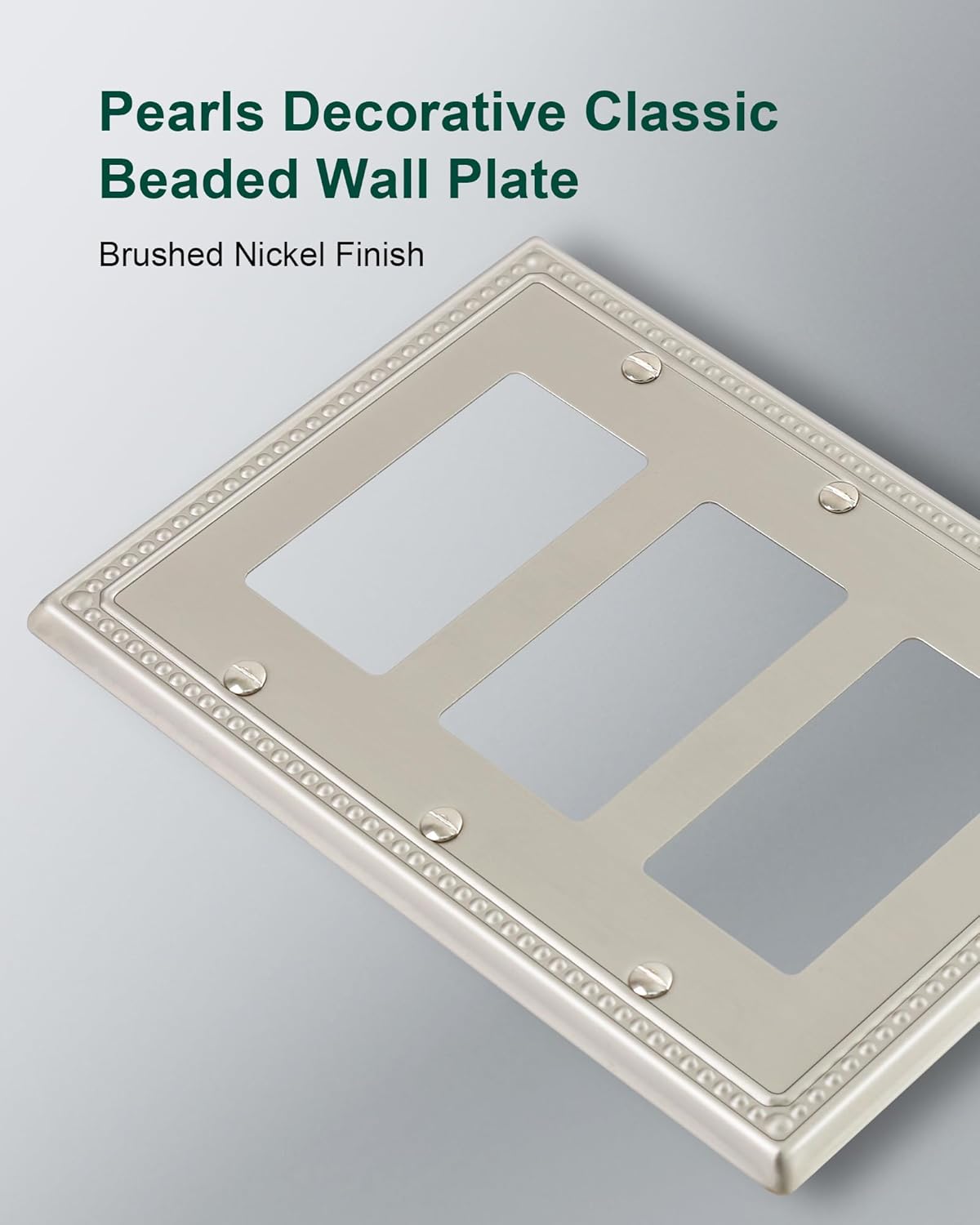 2-Pack Triple Decorator Outlet Cover Plate, Brushed Nickel Pearls Decorative Switch Plates and Outlet Covers, Metal Wall Plates for Electrical Outlets.