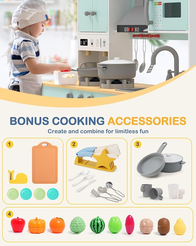 Babytronic Wooden Play Kitchen Set, Pretend Play Kitchen with Lights and Sounds for Kids Ages 3+, Includes Stove, Oven, Microwave, Coffee Maker, and Accessories, Toy Kitchen Set for Toddlers (Blue)