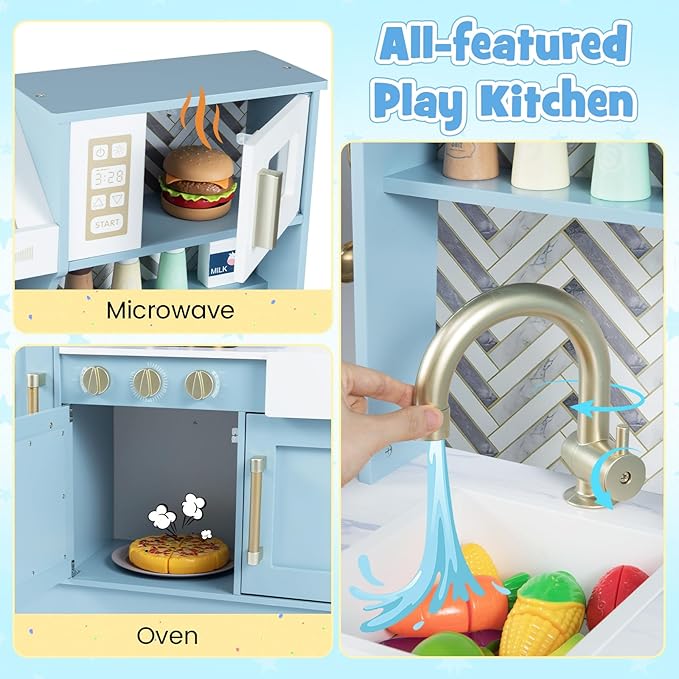 HONEY JOY Play Kitchen, Wooden Toy Kitchen Set with Coffee Maker, Microwave, Range Hood, Ice Maker, Stove, Dish Rack, Cookware, Pretend Play Kids Kitchen Playset for Toddler Boys Girls (Blue)