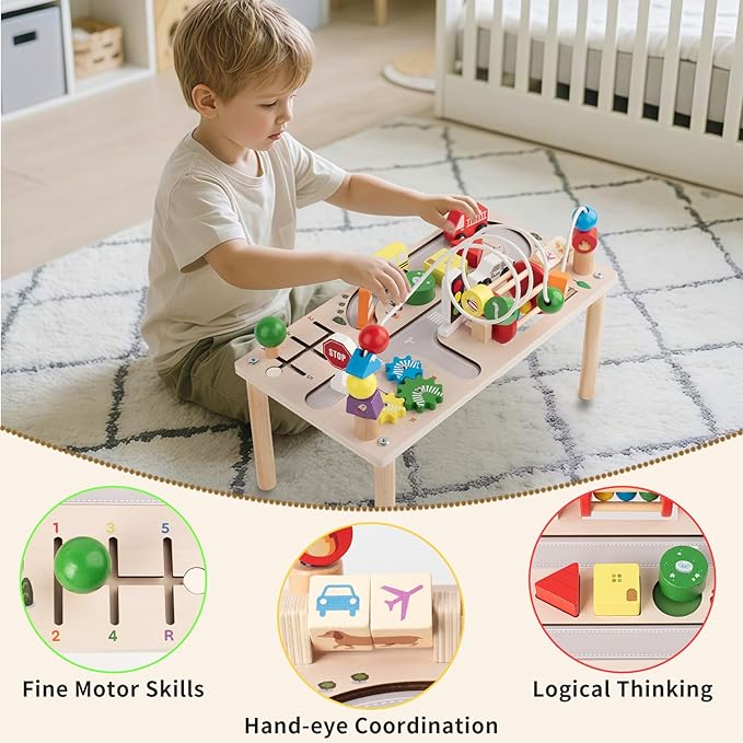 Activity Table for 1 Year Old, 8 in 1 Multi-Colorful Montessori Toys, Baby Activity Table with Bead Maze & Shape Sorter, Toddler Sensory Educational Learning Toys for Birthday Gift Boys Girls