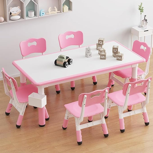 IDEALHOUSE Kids Table and 6 Chairs Set, Height Adjustable Toddler Table and Chair Set, Graffiti Desktop, Children Study Table for 6 for Home Daycare Preschool for Ages 2-10, Pink