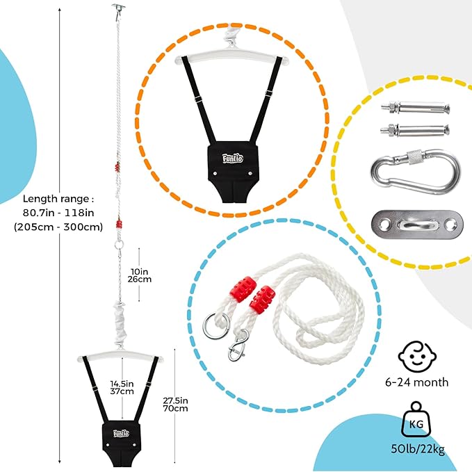 FUNLIO Baby Jumper with a Ceiling Hook for 6-24 Months, Infant Jumper Doorway with Adjustable Chain, Baby Door Jumper for Indoor/Outdoor Play, Easy to Assemble & Store (with a Ceiling Hook) - Black