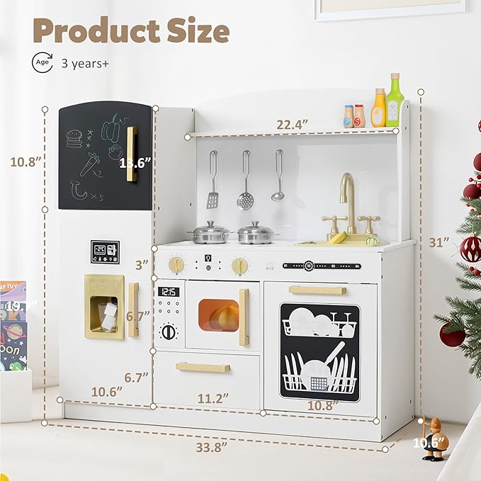 Pretend Kitchen Playset for Kids, Interactive Play Kitchen Wooden Toy Set w/Realistic Design, Sink, Microwave, Ice Maker, Dishwasher, Toddler Cooking Set Toy for Ages 3+, White
