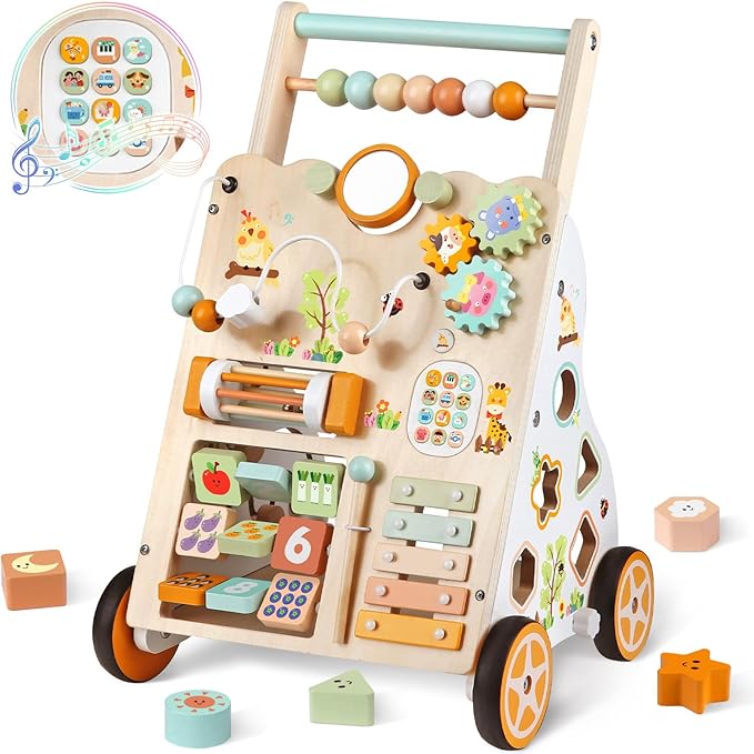 Baby Push Walker, Wooden Baby Walker with Wheels, Montessori Activity Center for 1 2 3 Years Old Boys Girls, Adjustable Speed & Height Push Toy for Toddler Learning to Walk, Gift for Kids Development