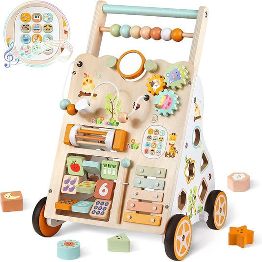 Baby Push Walker, Wooden Baby Walker with Wheels, Montessori Activity Center for 1 2 3 Years Old Boys Girls, Adjustable Speed & Height Push Toy for Toddler Learning to Walk, Gift for Kids Development