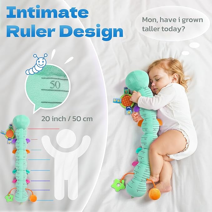 HEMRLY Baby Sensory Toy 0-6 Months, Musical Stuffed Caterpillar Plush with Teether, Crinkle, Rattle, Baby Mirror for Tummy Time, Infant Car Seat Toy for 0-3-6-12 Month Boys Girls Gifts - Leaf Blue