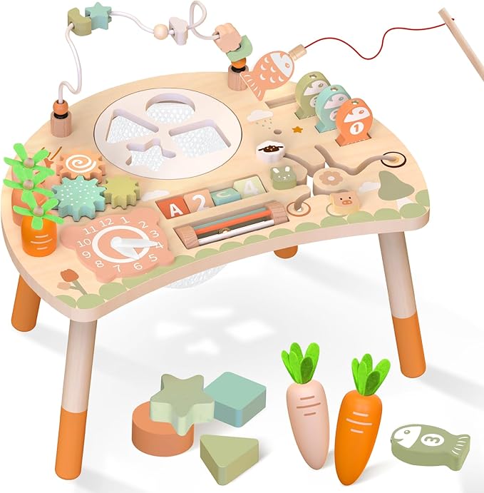Activity Table, 9-in-1 Wooden Montessori Toy Activity Center with Shape Sorter Fishing Game Bead Maze, Baby Play Table Sensory Educational Toys for Toddler