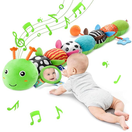 Baby Toys Sensory Musical Animal Stuffed Toy for Infant 0-3-6-12 Months Tummy Time Newborn, Plush Caterpillar with Mirror,Crinkle,Rattle Teething Toys for Baby Boys Girls Shower Gifts, Green