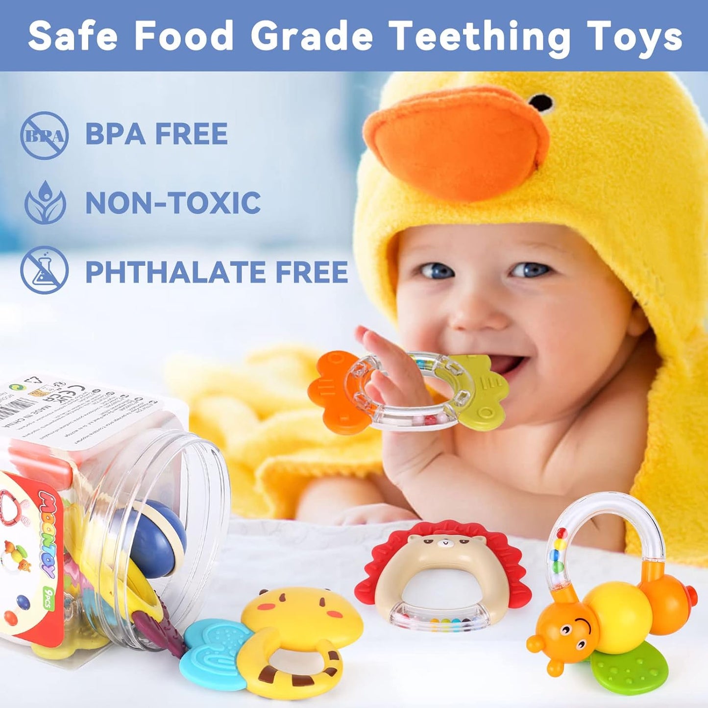 MOONTOY 9pcs Baby Rattles 3-6 Months, Infant Teething Toys 3-6 Months, Teethers Baby Toys 6-12 Months Sensory Toys for Babies 3 4 5 6 7 9 10 Month Boy Girl Gifts