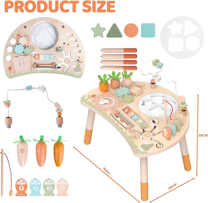Wooden Activity Table, 9-in-1 Montessori Sensory Play Table with Shape Sorter Fishing Game Bead Maze, Baby Activity Center Learning Toys for Toddler