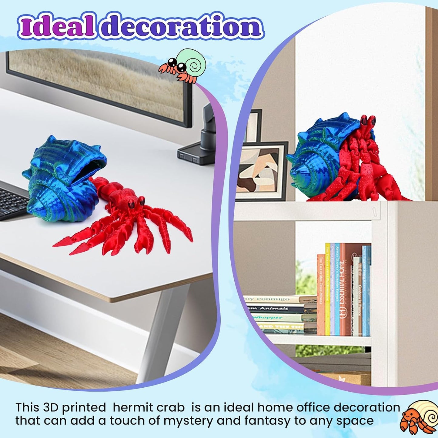 3D Printed Hermit Crab Fidget,3D Printed Dynamic Animals Toy,Full Articulated Flexible Crystal Hermit Crab Fidget Fidget Toys,Adults Fidget Toys for Autism ADHD,Home Office Decor (Blue Green)