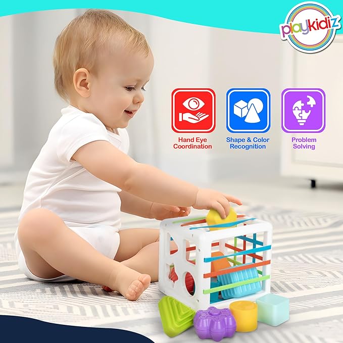 Shape Sorter Baby Toys, Sorting & Stacking Blocks Toy for Toddlers, Sensory Shapes, Early Learning Development Activity Cube for Boys & Girls, 18+ Months