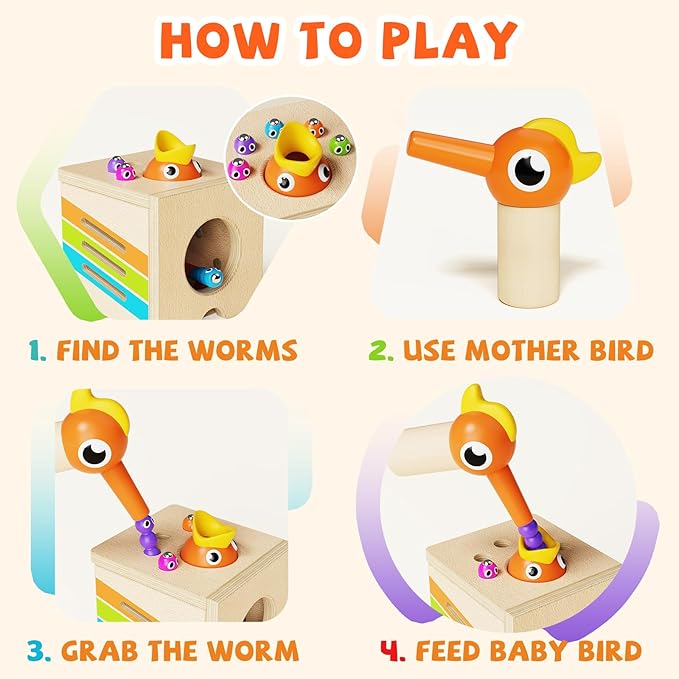 5-in-1 Wooden Activity Cube, Toddlers Montessori Toys for Baby Boys Girls, Baby Activity Center for 2+ Year Old, Woodpecker Worm Toy Magnetic Bird Feeding Game, Educational Color & Shape Sorting Toy